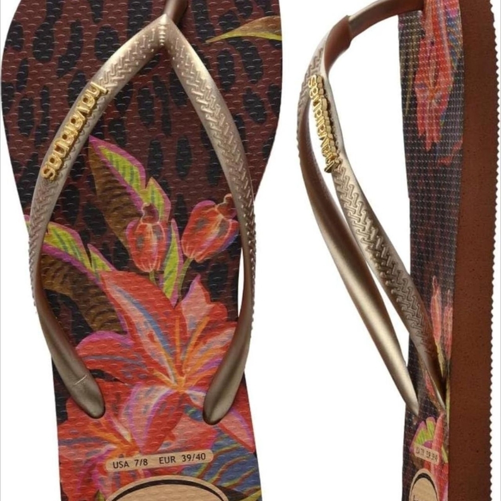 Havaianas Women's Floral Flip Flops - Brown and Gold - Picture 3 of 7